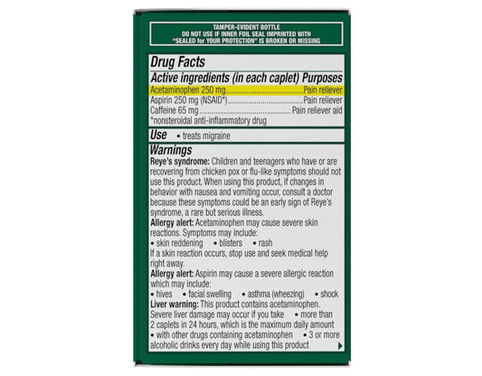 Side view of Excedrin Migraine bottle showing active ingredients