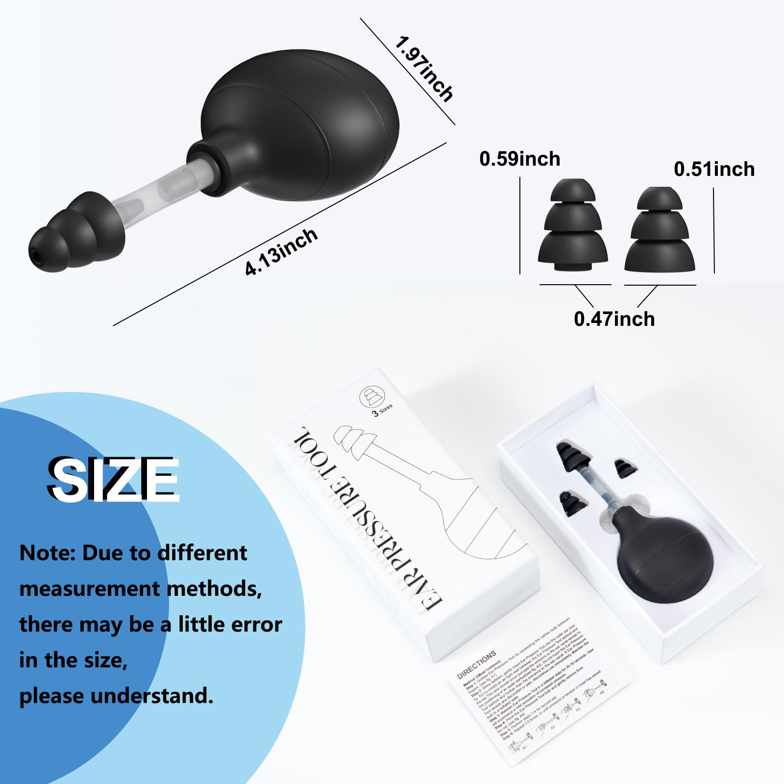 Premium imported ear popper device packaging layout showing all included components.