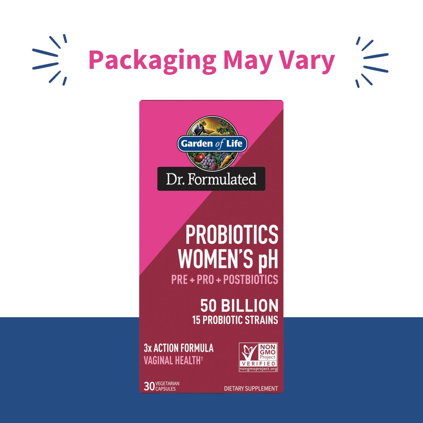 Side angle of Garden of Life womens pH probiotic bottle displaying clinical strain information
