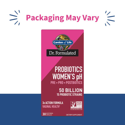 Side angle of Garden of Life womens pH probiotic bottle displaying clinical strain information