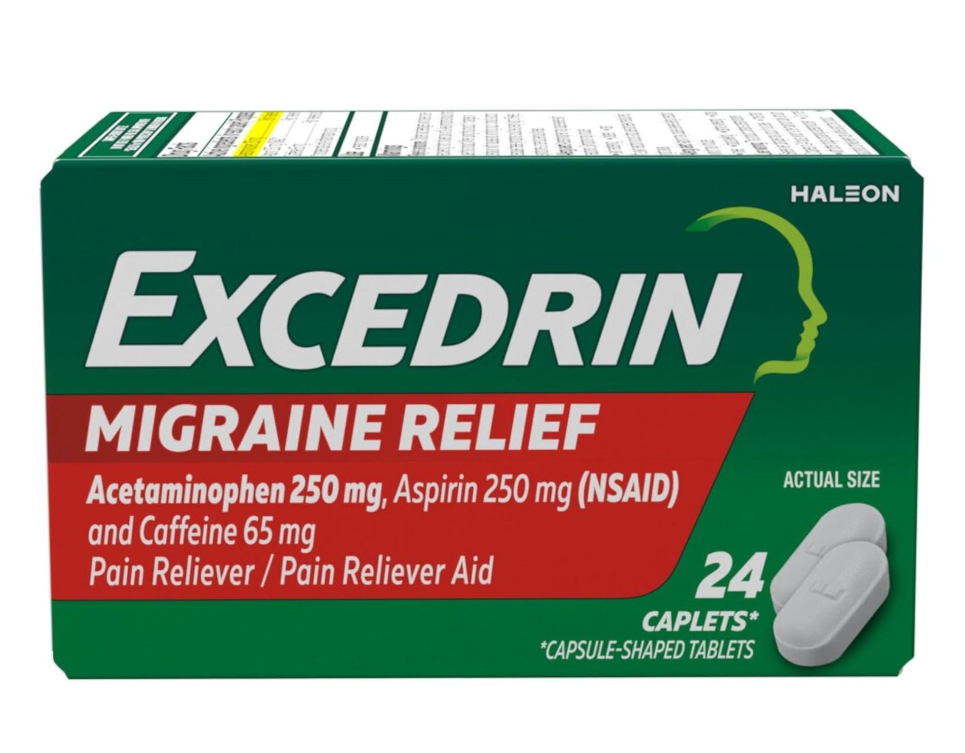 Close up of Excedrin Migraine caplet dosage information on label