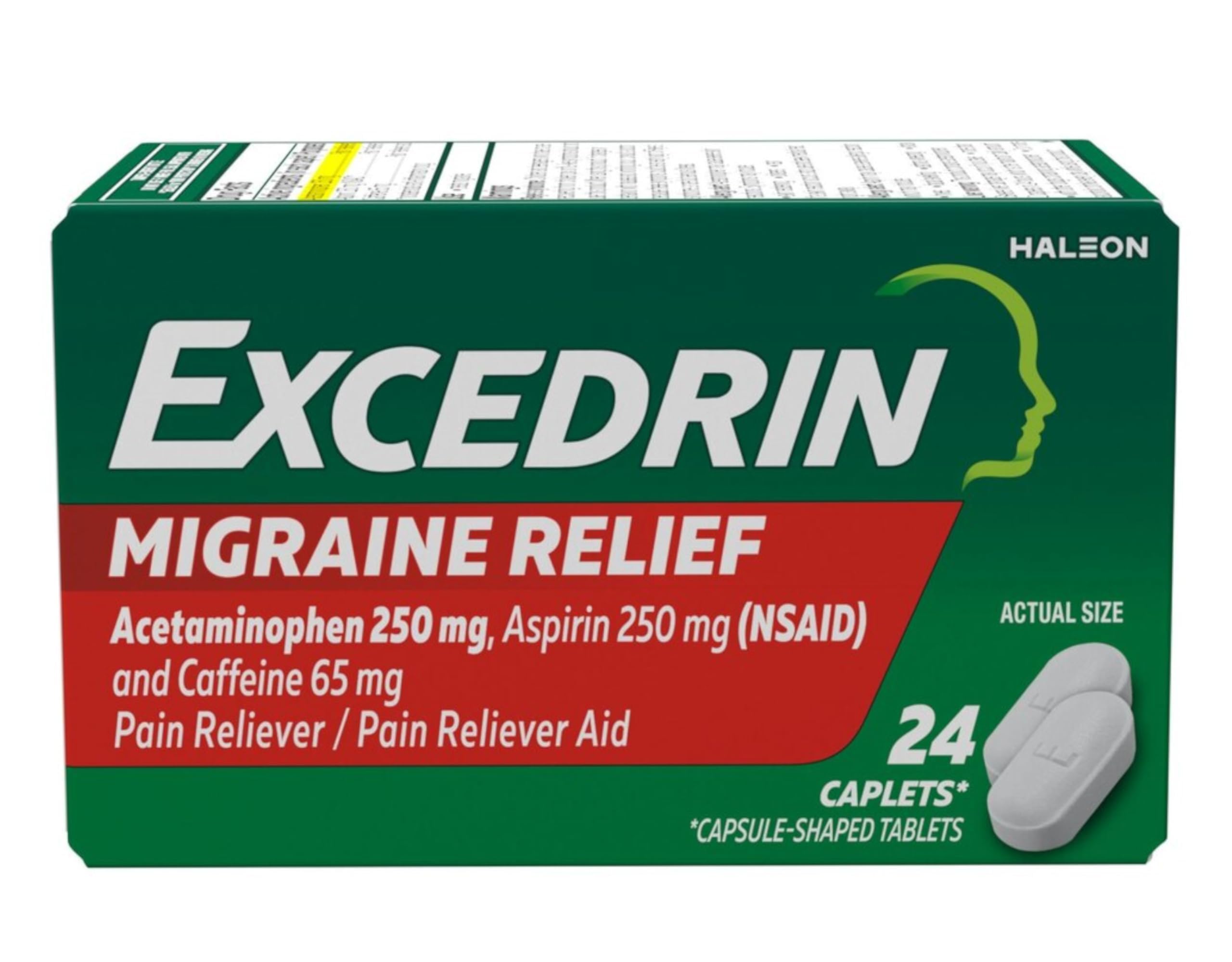 Close up of Excedrin Migraine caplet dosage information on label