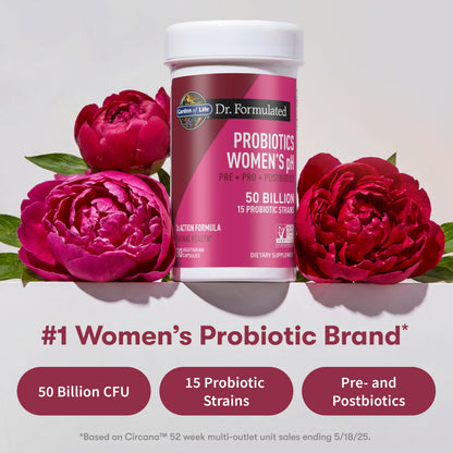 Garden of Life womens probiotic container highlighting the shelf stable and non GMO verified logos