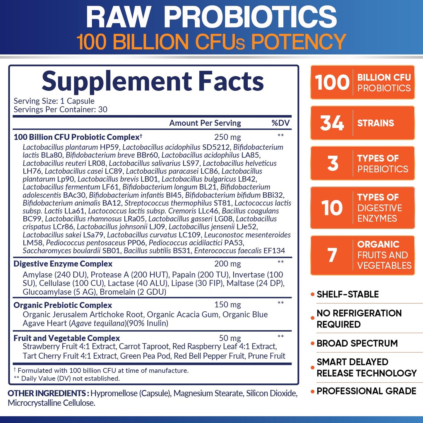 High potency 34 strains raw probiotic capsule showcasing shelf stable protective technology