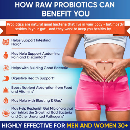Wholesome Wellness organic probiotics bottle placed next to natural prebiotic whole foods