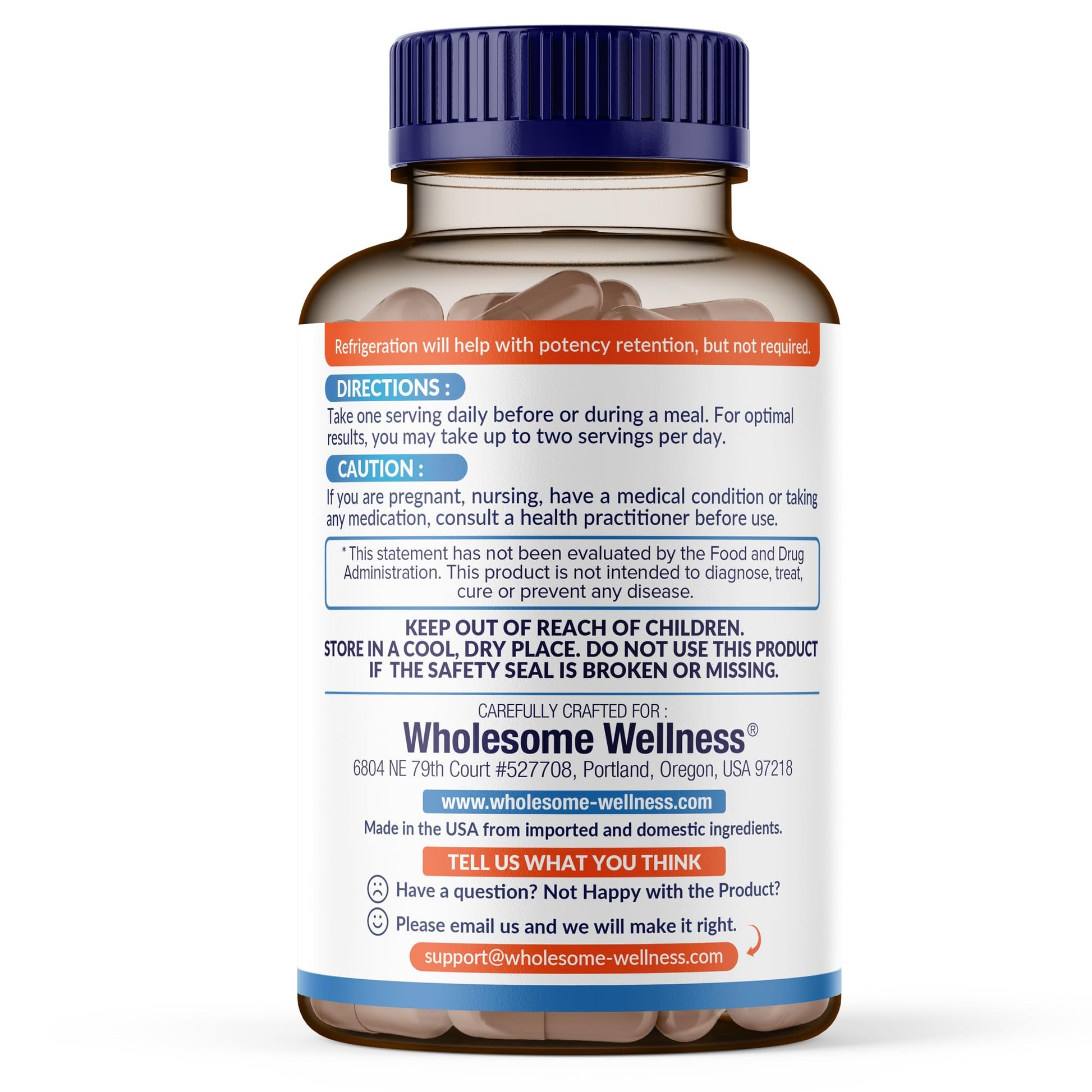 Wholesome Wellness Organic Raw Probiotics 30 vegetarian capsules bottle side view showing directions