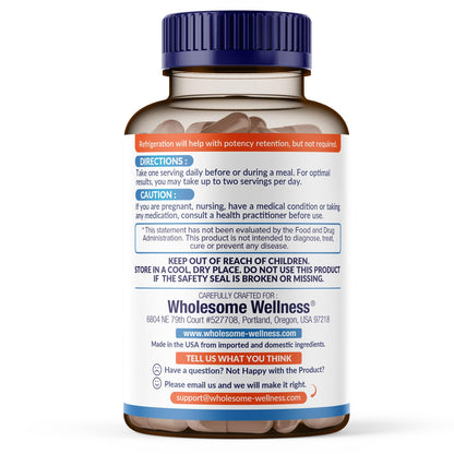 Wholesome Wellness Organic Raw Probiotics 30 vegetarian capsules bottle side view showing directions