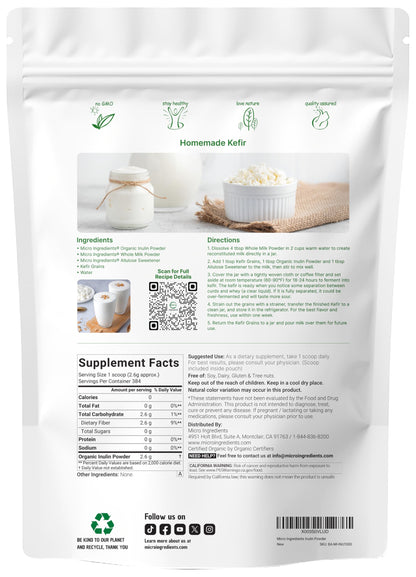 Organic water soluble prebiotic powder showing clean unflavored texture for smooth mixing into health drinks.