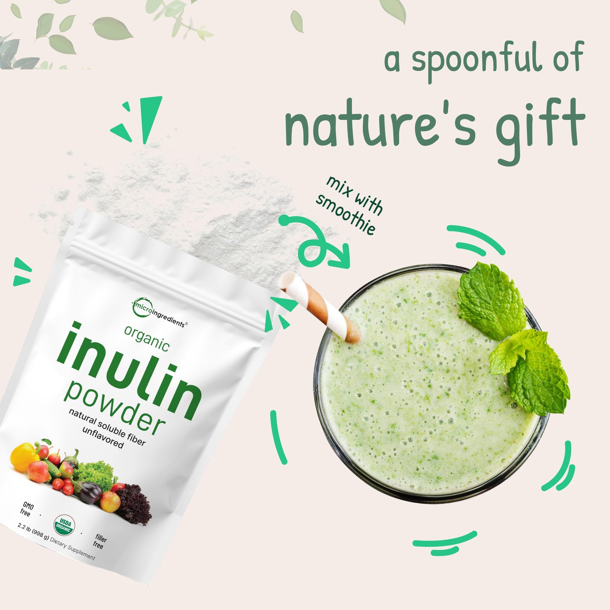 Bulk two point two pounds bag of premium USA imported organic prebiotic fiber for daily digestive regularity.