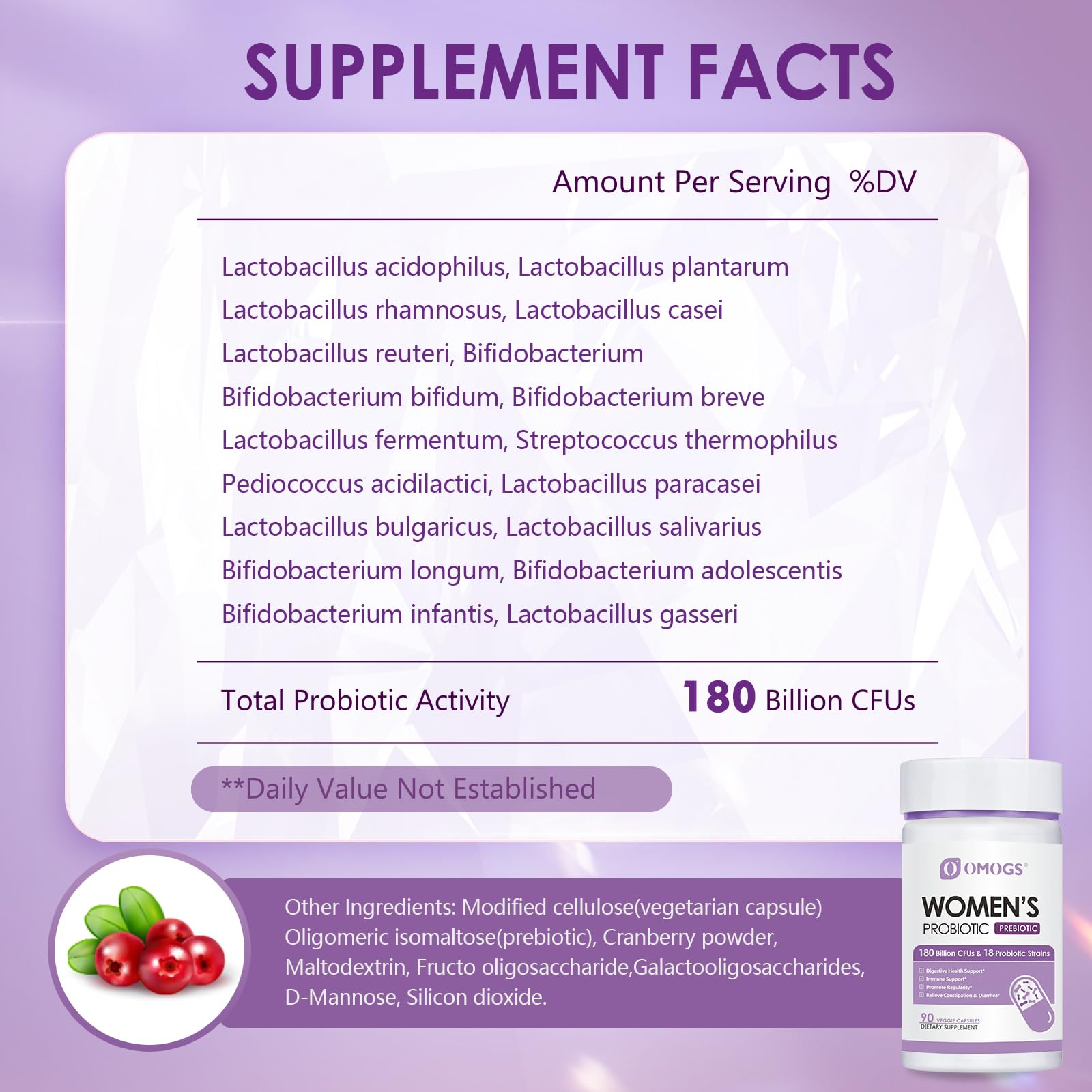 Side label of Omogs feminine wellness supplement displaying 18 probiotic strains and digestive enzymes