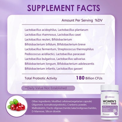 Side label of Omogs feminine wellness supplement displaying 18 probiotic strains and digestive enzymes