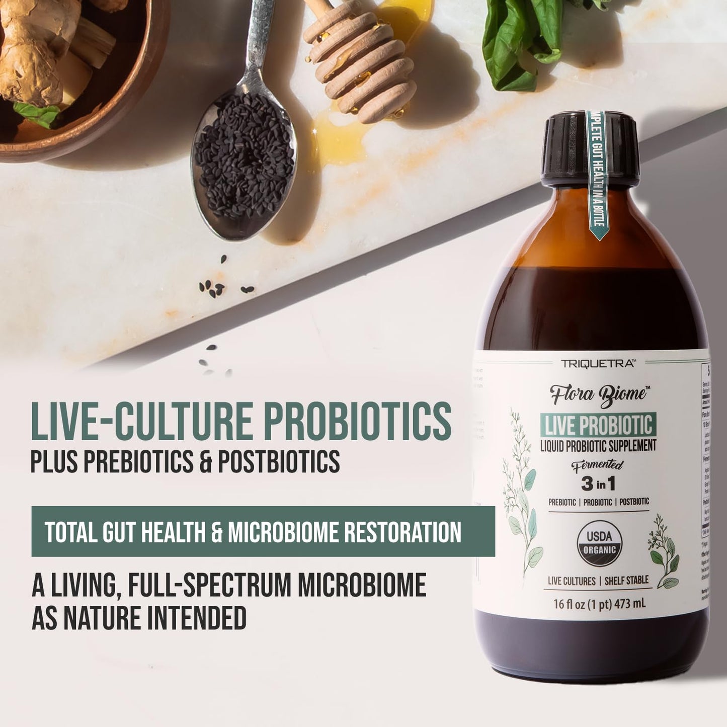 Triquetra Flora Biome organic 3 in 1 probiotic prebiotic postbiotic supplement packaging details