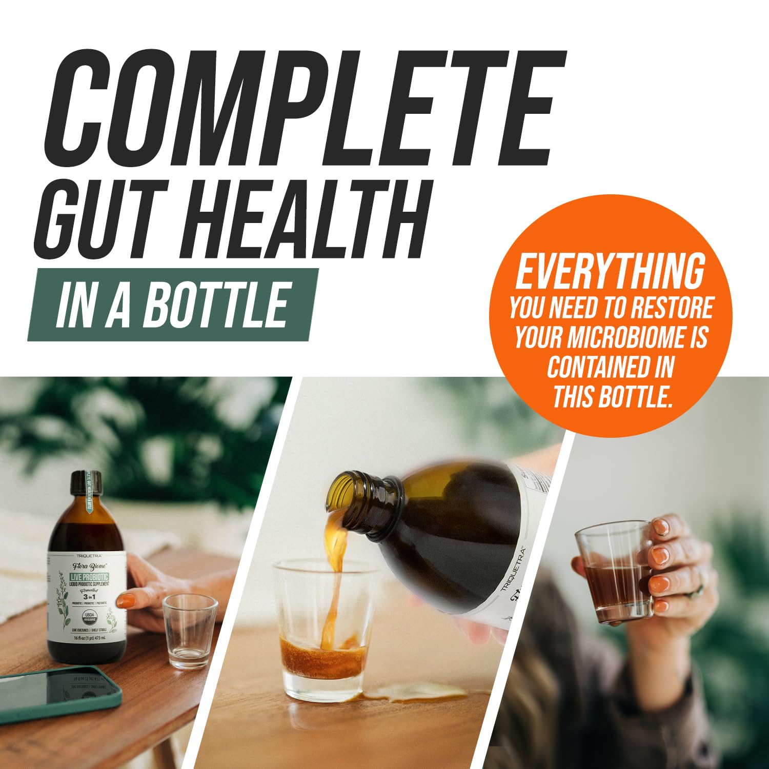 Triquetra Health live culture gut health liquid supplement back label showing 10 probiotic strains