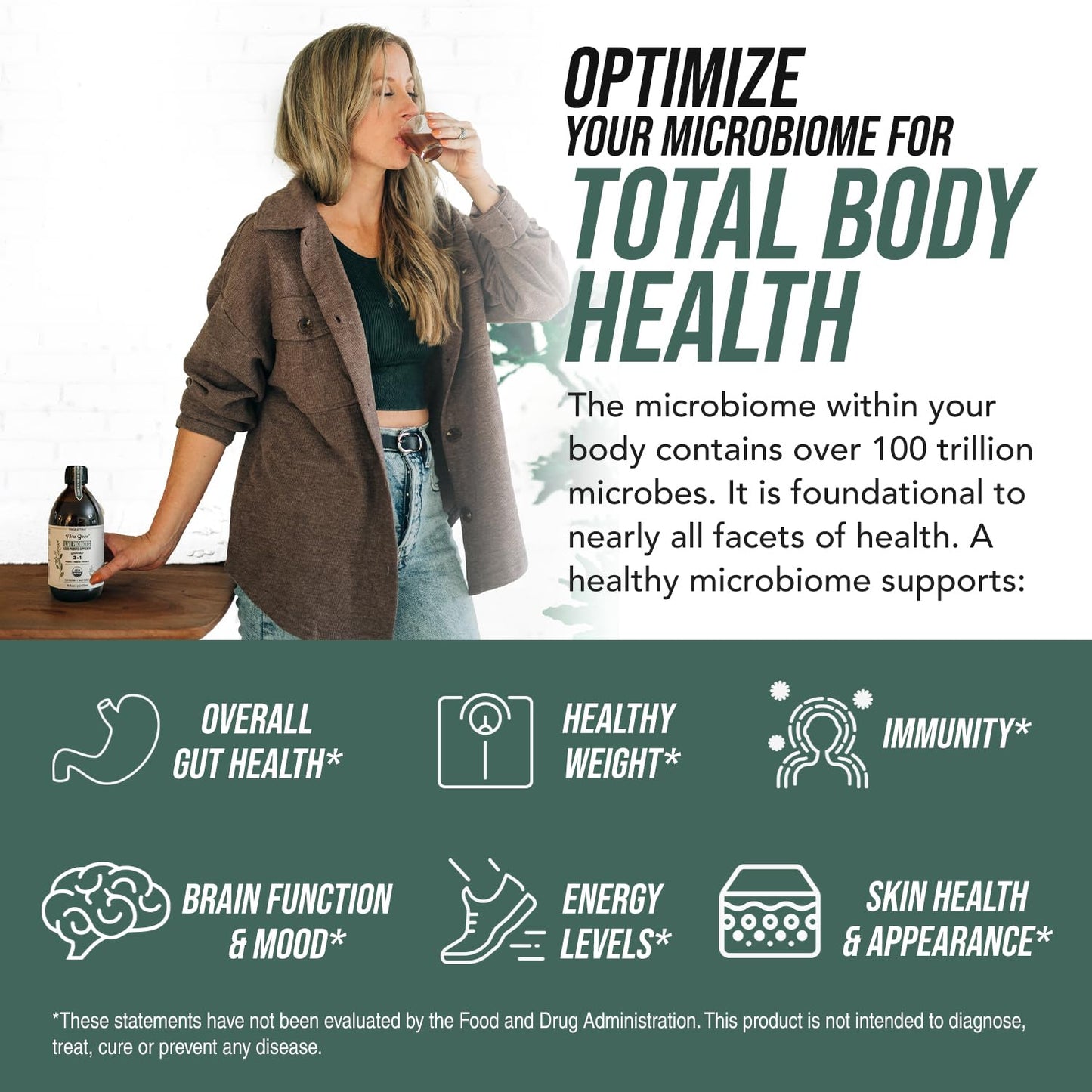 USDA Organic certified liquid live probiotics for gut health bottle close up