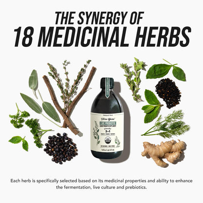 Triquetra Flora Biome shelf stable liquid supplement with 18 fermented herbs ingredient list