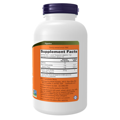 NOW Foods Supplements Organic Inulin 454 grams nutrition facts labels and ingredients