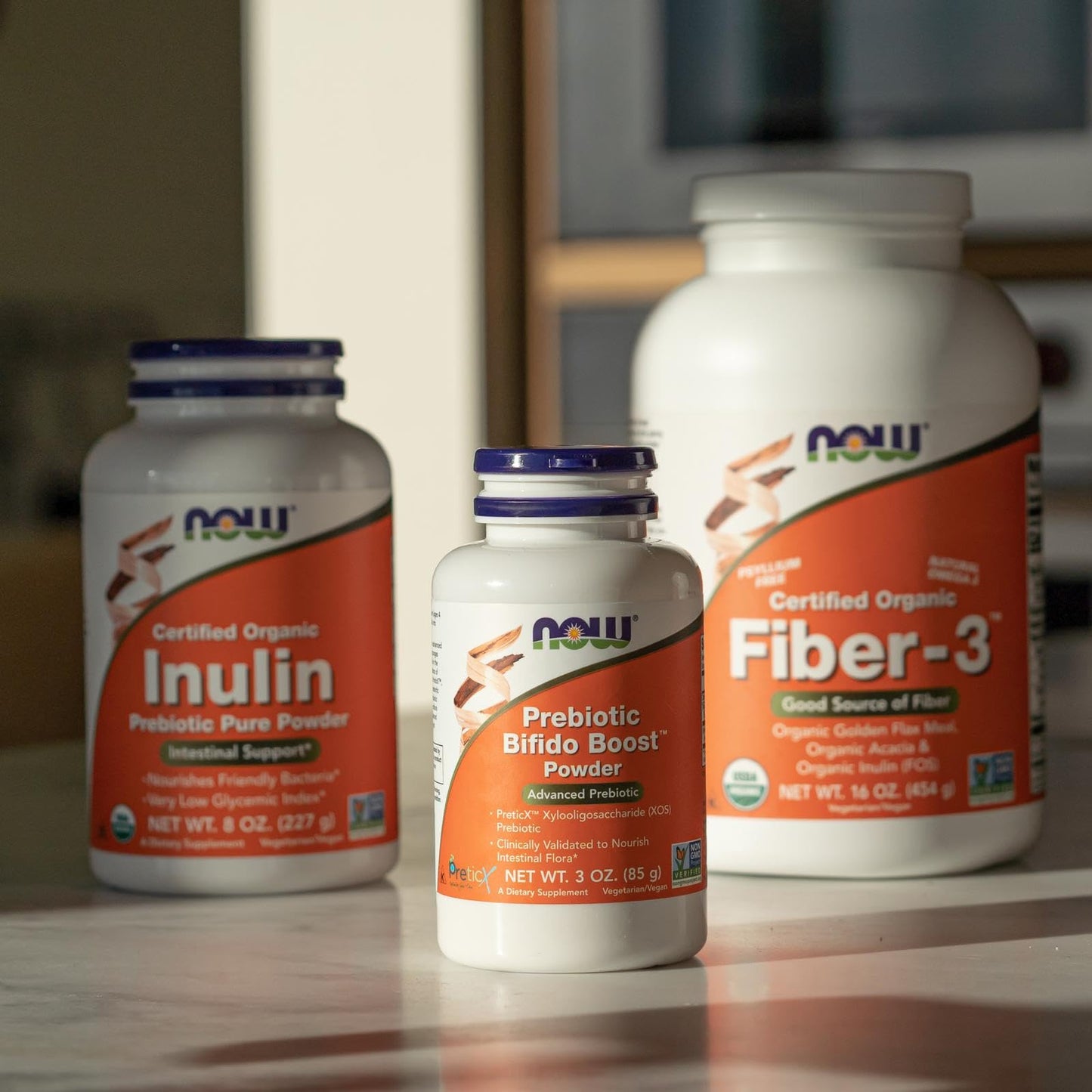 NOW Foods organic inulin 1 pound bottle displaying vegetarian and vegan friendly seals