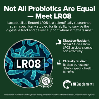 Natural Foundation Supplements Lactobacillus Reuteri three billion CFU product label showing four month supply details.