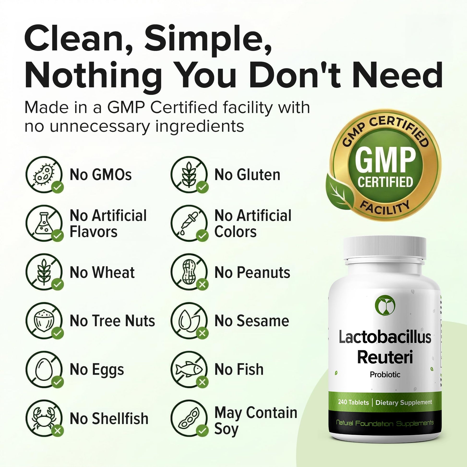 Natural Foundation Supplements LR08 strain probiotic tablets for gut microbiome balance and bloating relief.