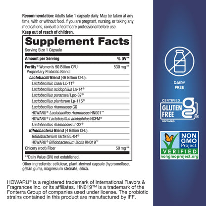 Close up of the non GMO and gluten free certifications on Nature's Way women's probiotic container.