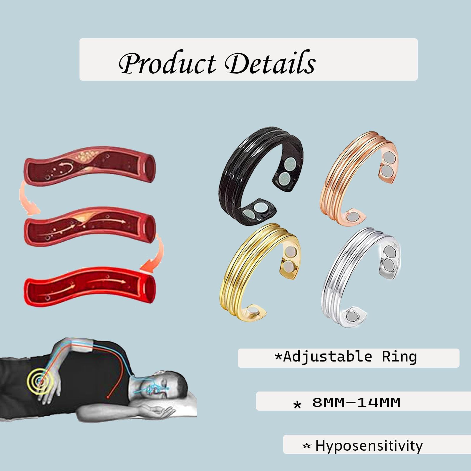 Adjustable anti snoring ring being worn on a person's pinky finger for sleep wellness.