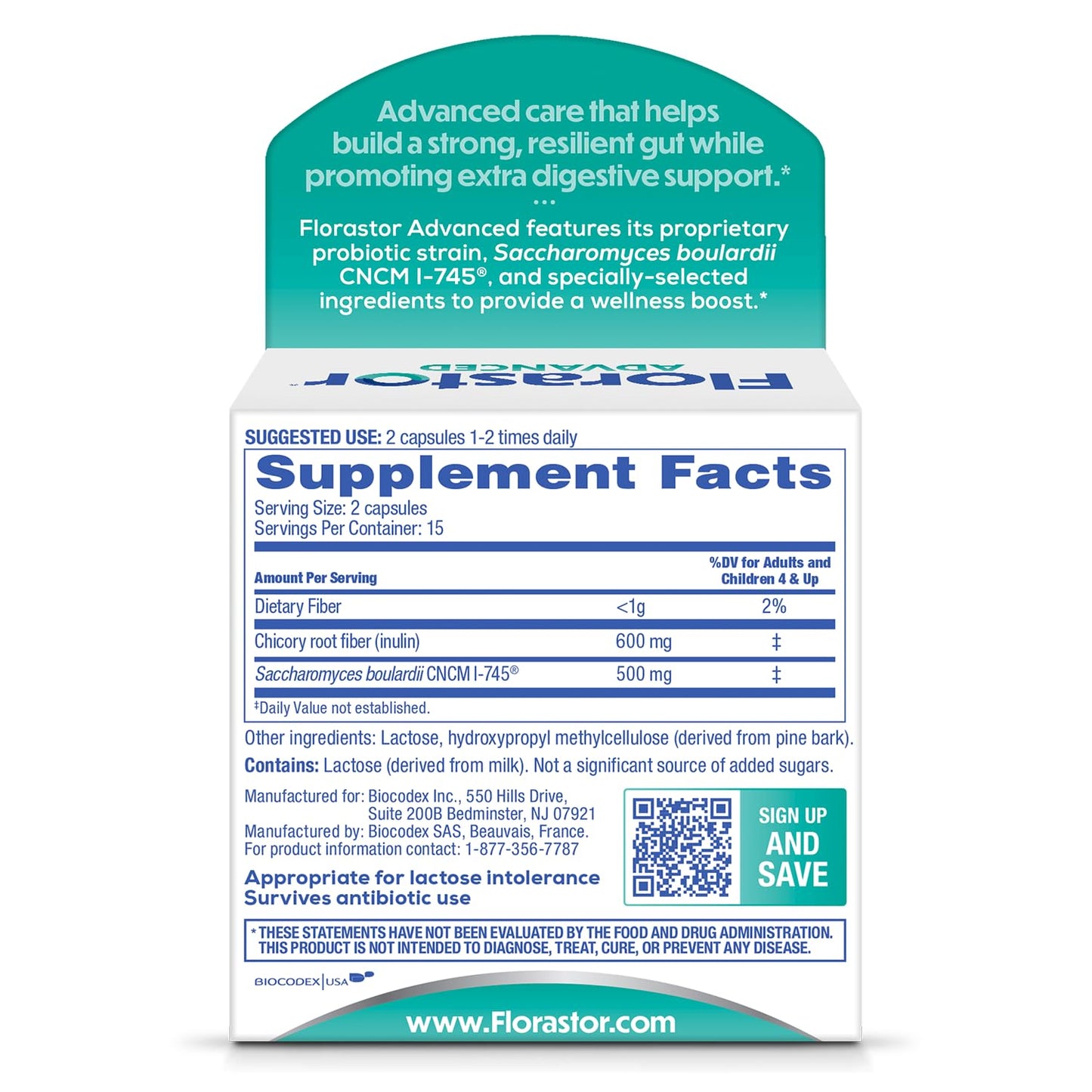 Florastor Advanced Pro and Pre supplement bottle with chicory root fiber benefits