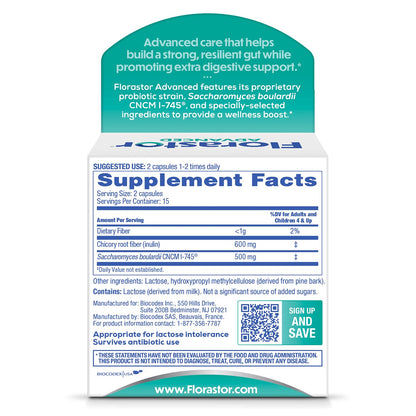 Florastor Advanced Pro and Pre supplement bottle with chicory root fiber benefits