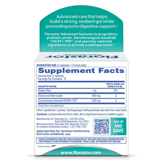 Florastor Advanced Pro and Pre supplement bottle with chicory root fiber benefits