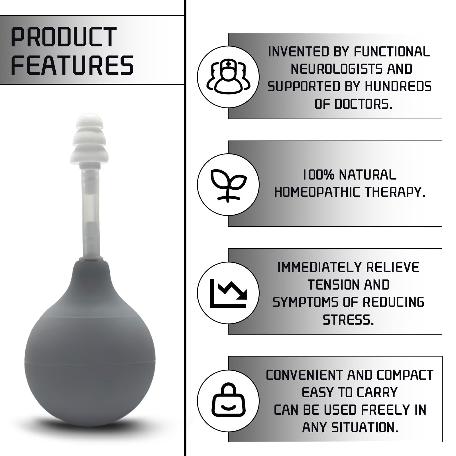 Nerxerx manual ear pressure tool with three sizes of interchangeable silicone tips