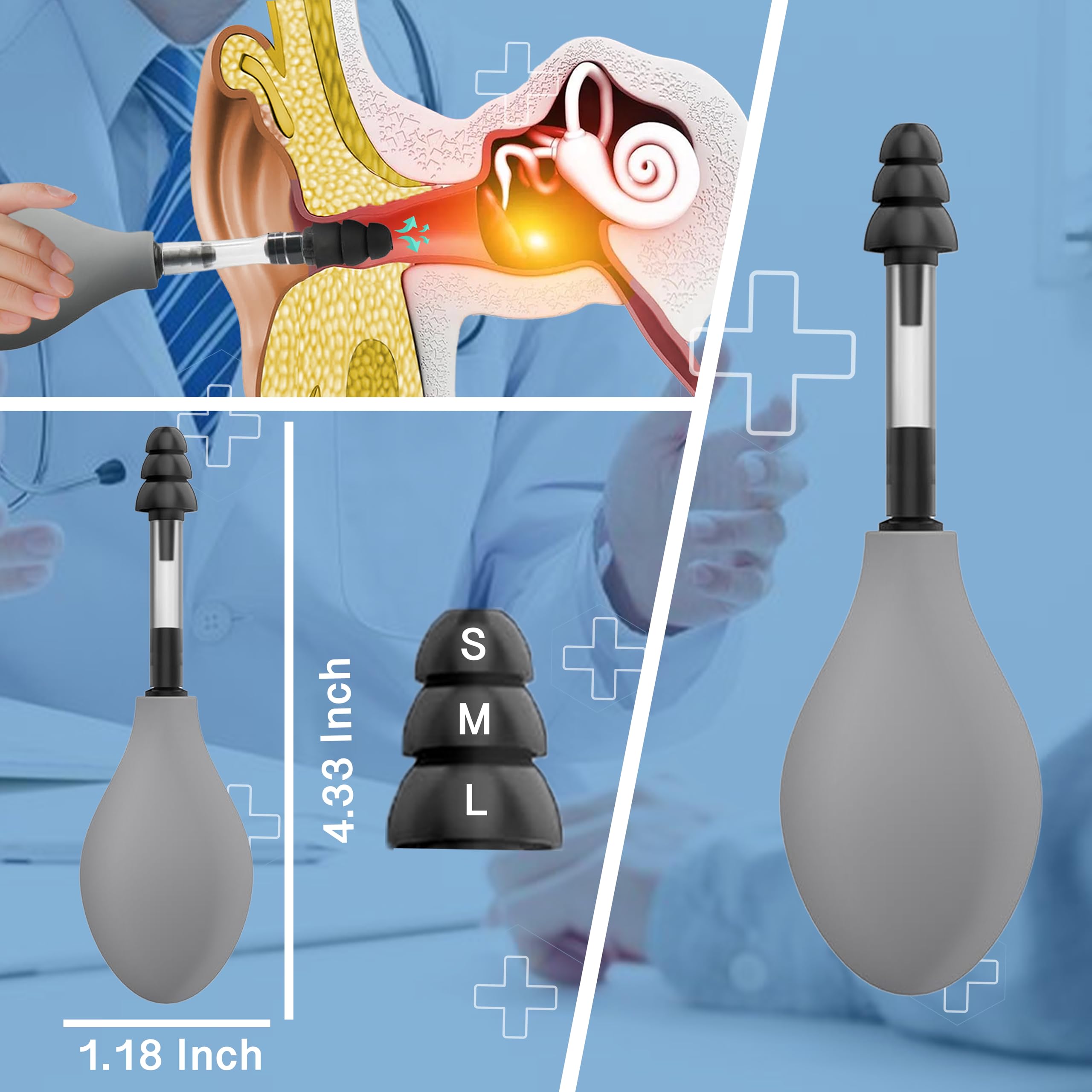 Ear pressure relief device held in hand for scale