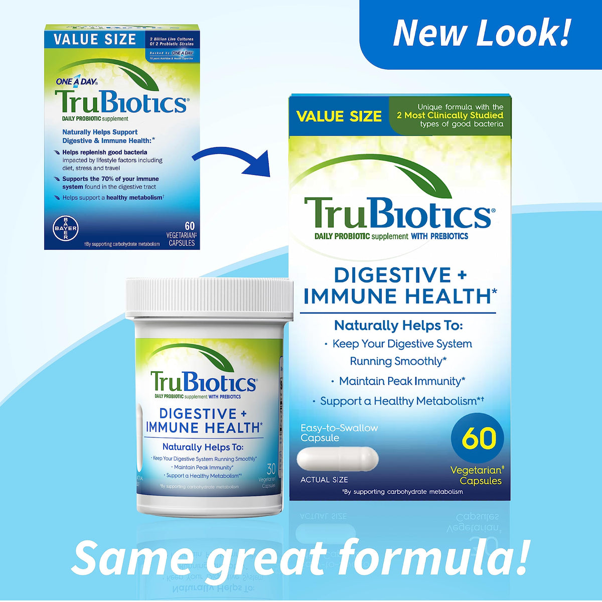 TruBiotics vegetarian capsules packaging showing key strain details