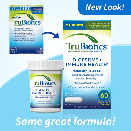 TruBiotics probiotic with prebiotic vegetarian capsules supplement bottle showing ingredient breakdown