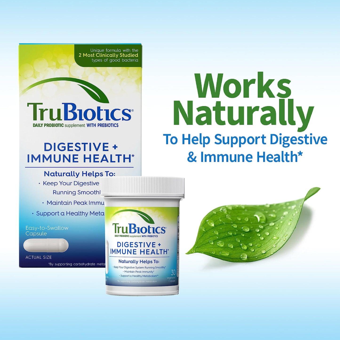 TruBiotics daily adult probiotic supplement highlighting the clinically studied strains logo