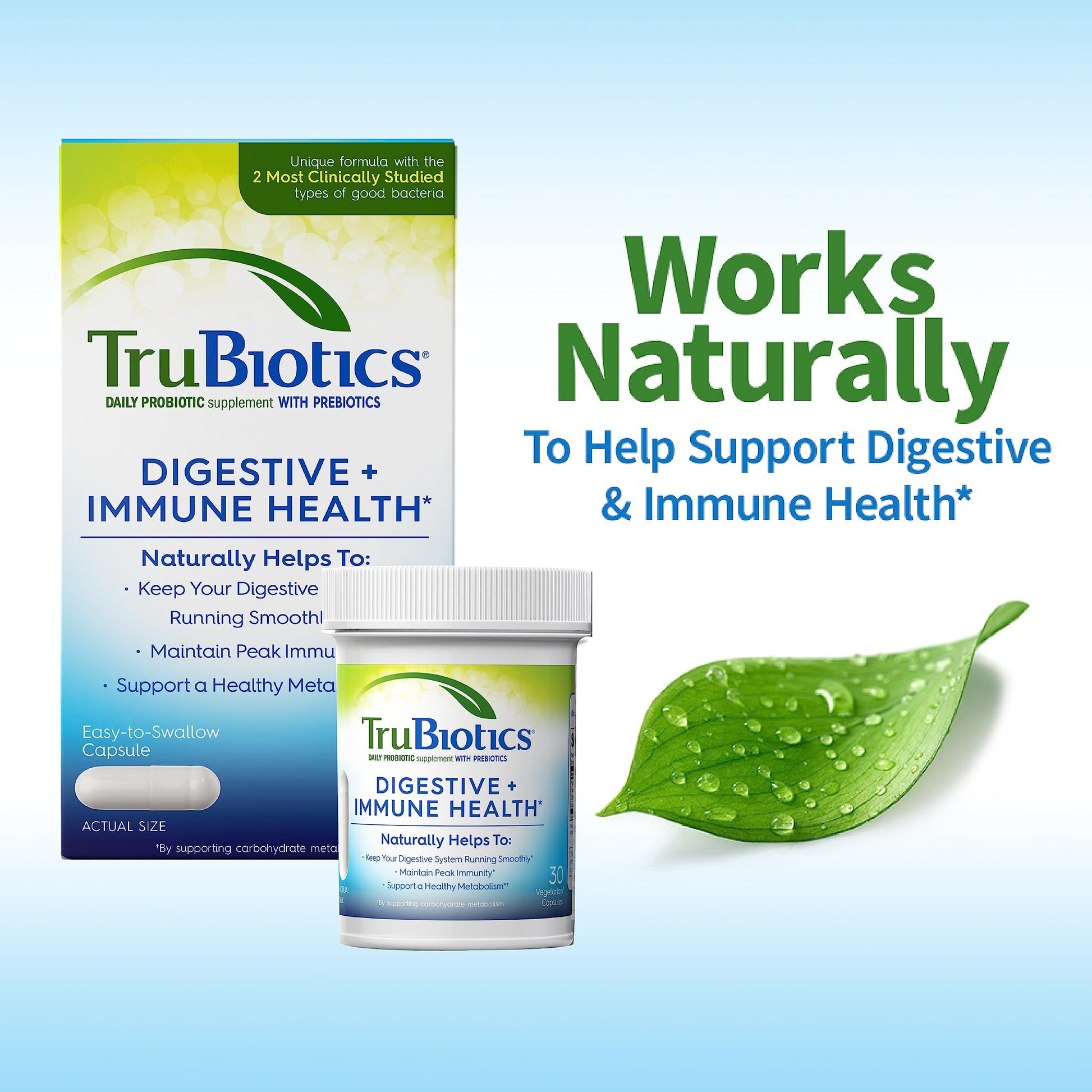 TruBiotics daily adult probiotic supplement highlighting the clinically studied strains logo