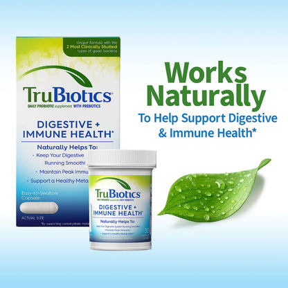 TruBiotics daily adult probiotic supplement highlighting the clinically studied strains logo