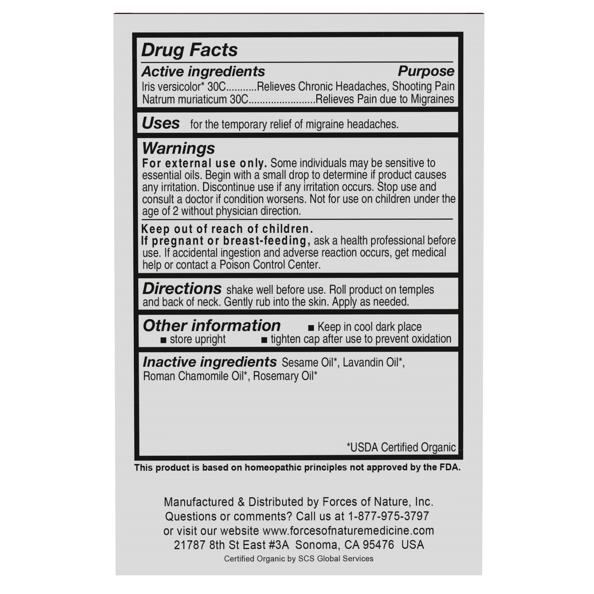 Forces of Nature migraine relief product label showing ingredients
