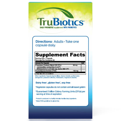 TruBiotics TruPreserve packaging technology seal on the side of the 60 vegetarian capsules bottle