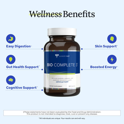 Gundry MD Bio Complete 3 side view detailing prebiotic and probiotic benefits