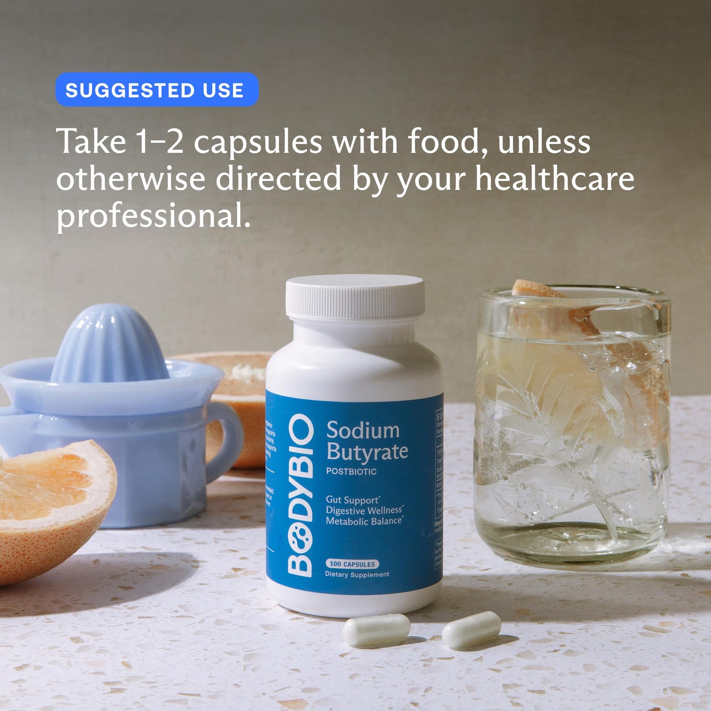 Authentic BodyBio digestive wellness dietary supplement packaging close up