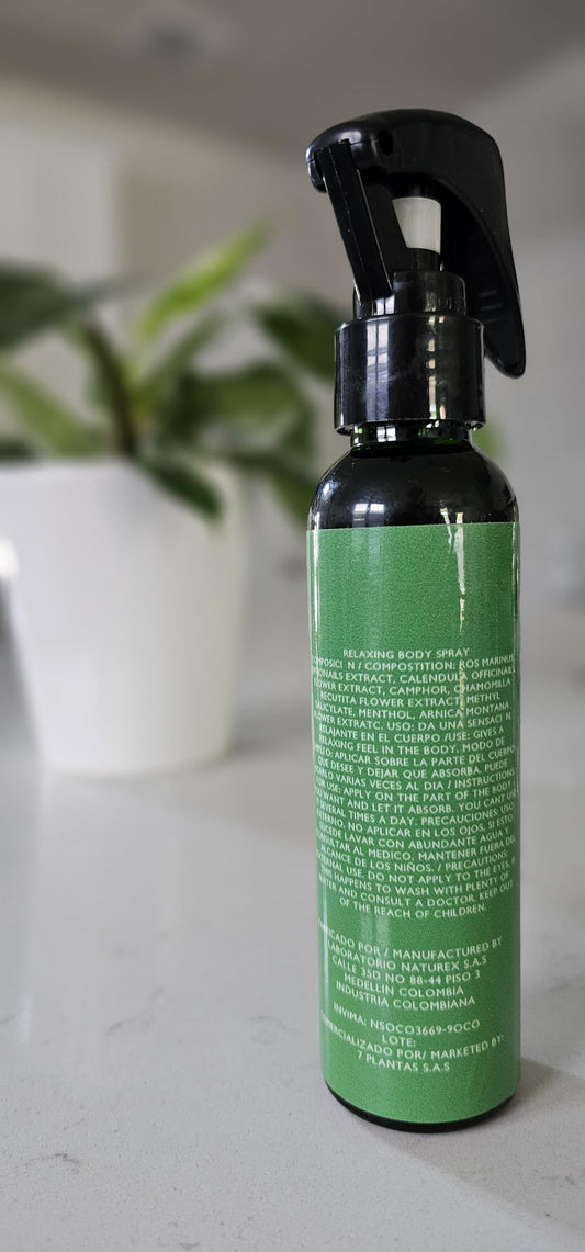 7 Plantas body spray highlighting eucalyptus and arnica ingredients