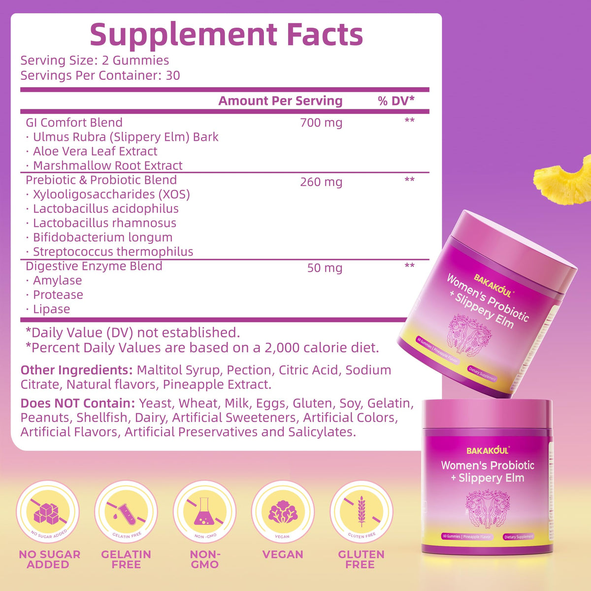 Bakakoul Feminine Probiotics Gummies nutritional facts and ingredient label