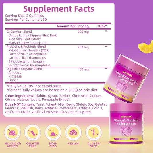 BAKAKOUL vaginal probiotic gummies with slippery elm bark pineapple flavor
