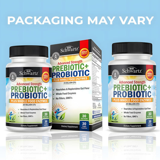 BioSchwartz prebiotic and probiotic with whole food enzymes supplement bottle displaying the 20 billion CFU formulation label.