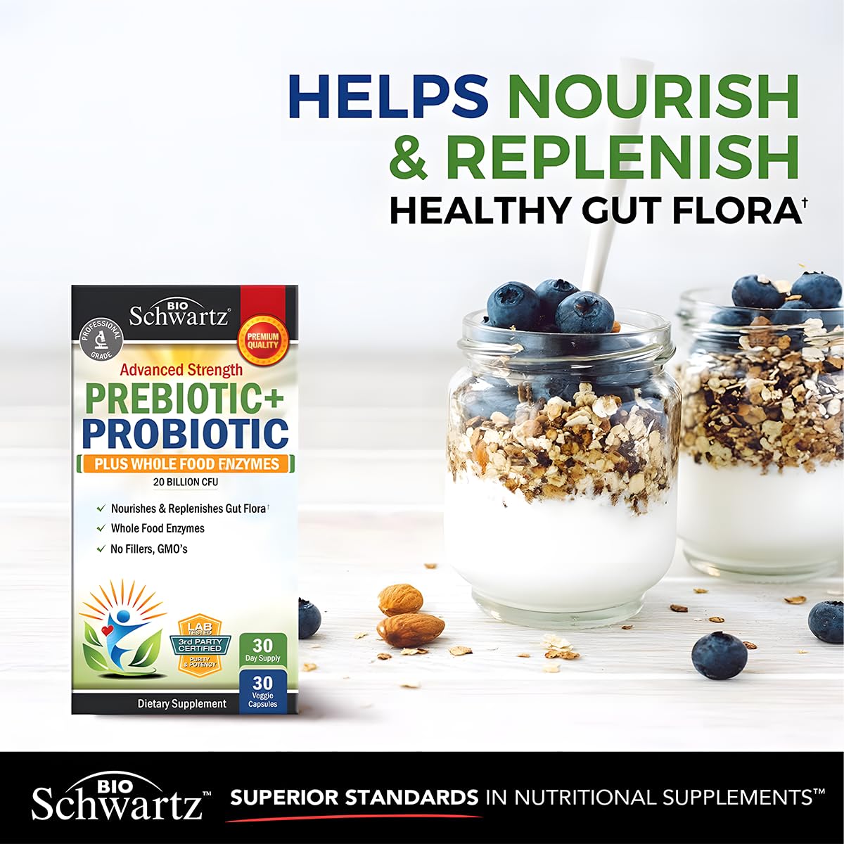 Side view of BioSchwartz digestive health capsules bottle outlining the non-GMO and gluten-free product features.