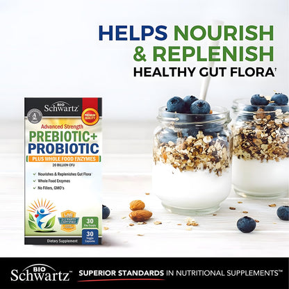 Side view of BioSchwartz digestive health capsules bottle outlining the non-GMO and gluten-free product features.