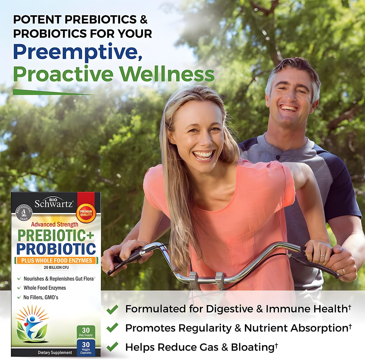BioSchwartz advanced strength daily gut health supplement showing the delayed-release vegetarian capsules information.