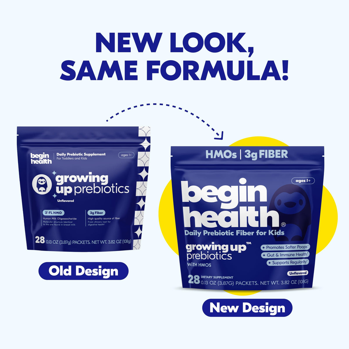 Begin Health Growing Up Prebiotics individual stick packets layout