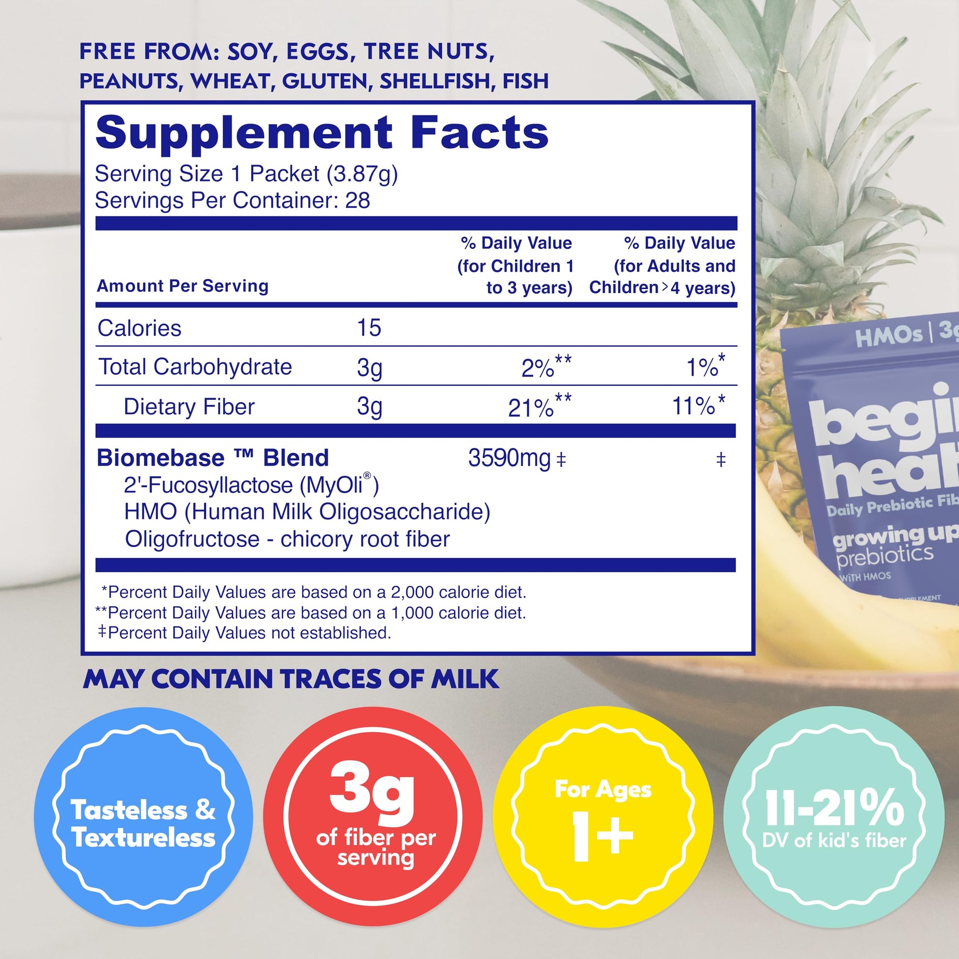 Side view of Begin Health Growing Up Prebiotics packaging highlighting the 28 packets count.