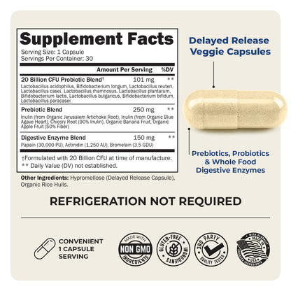 Authentic BioSchwartz 3-in-1 digestive formula bottle highlighting the organic prebiotic fiber and whole food enzyme blend.
