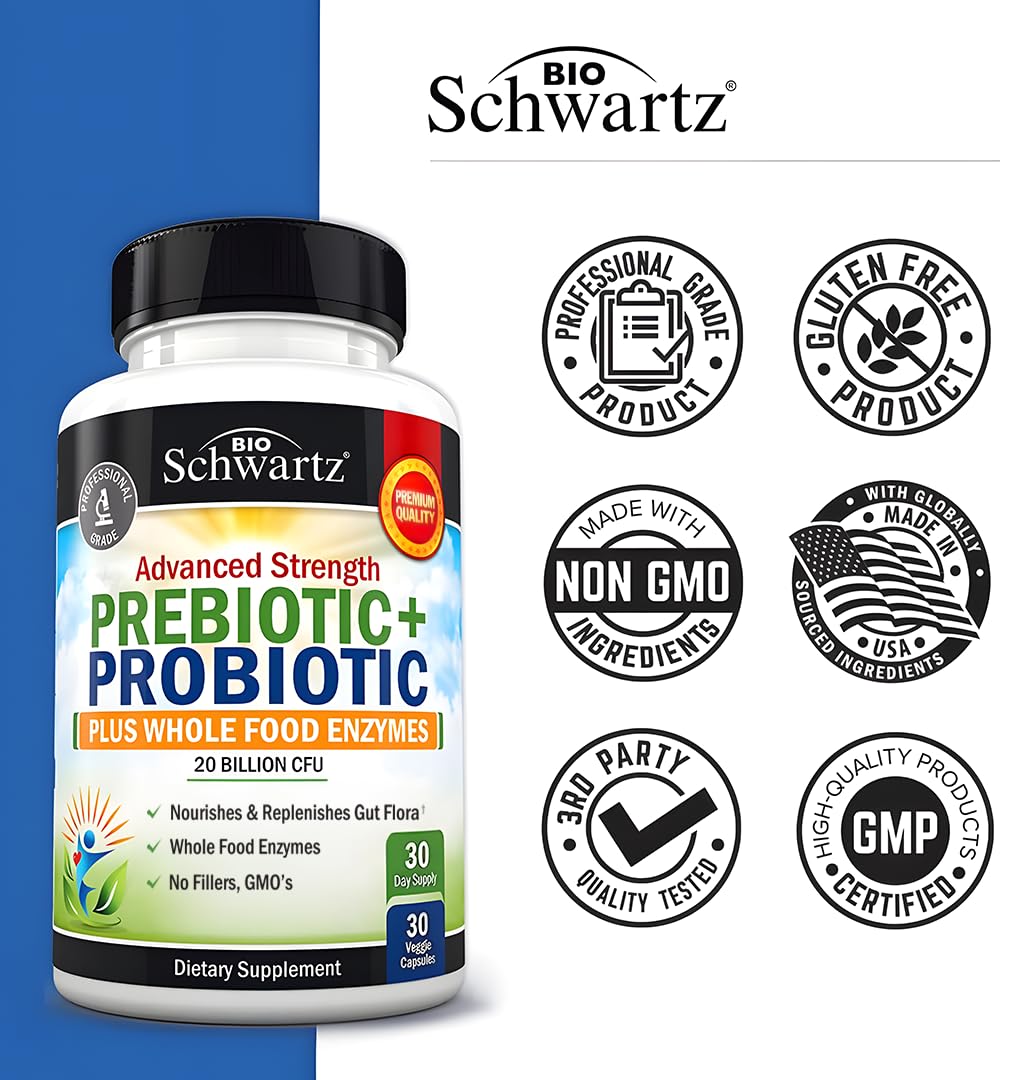 Close-up view of the shelf-stable BioSchwartz advanced strength probiotic capsules package with allergen-free certifications.